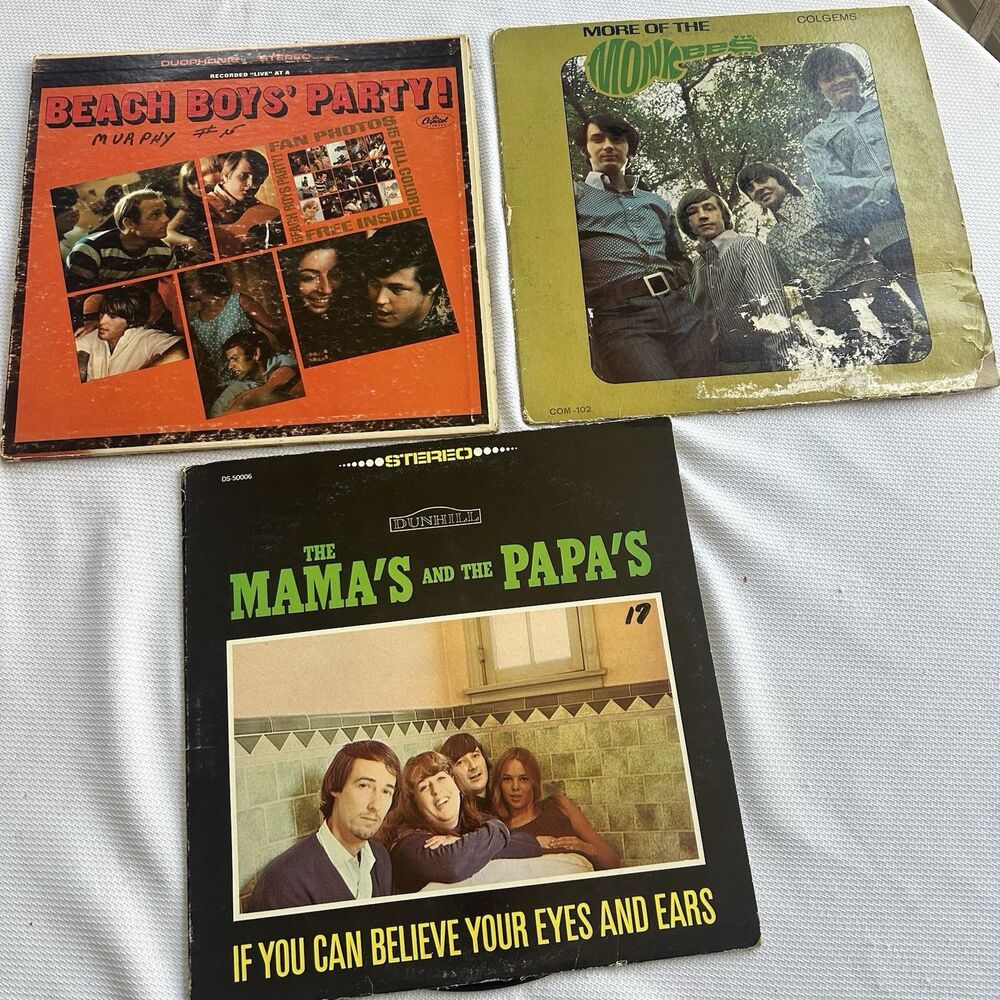 3 Vintage LP Records Beach Boys Monkees Mamas & Papas AS-IS Condition